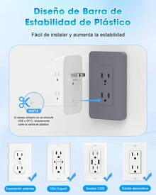 RENDIN Multicontacto,Enchufe de Carga de Tres Lados,Regleta Multicontacto Multifuncional,con USB y Tipo-C, para Hogar, Viajes, Oficina - 2 piezas - Ver 3