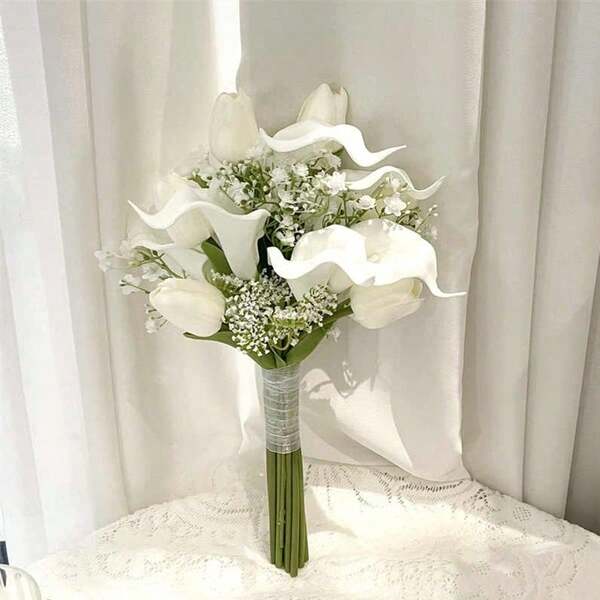 Bridal Bouquet Bridesmaid Holding Flower Real Touch Calla Lily Artificial Flowers Wedding Bridal Bouquet Floral Arrangements Decor,Wedding Photography Props Bridal Bouquets