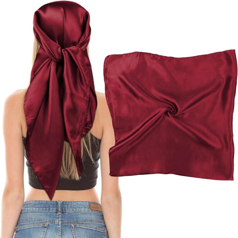 35" Large Square Satin Head Scarf, Silk Scarf For Women Hair Bandana Scarves For Hair Wrapping And Sleeping At Night - 酒紅色 - 查看 1