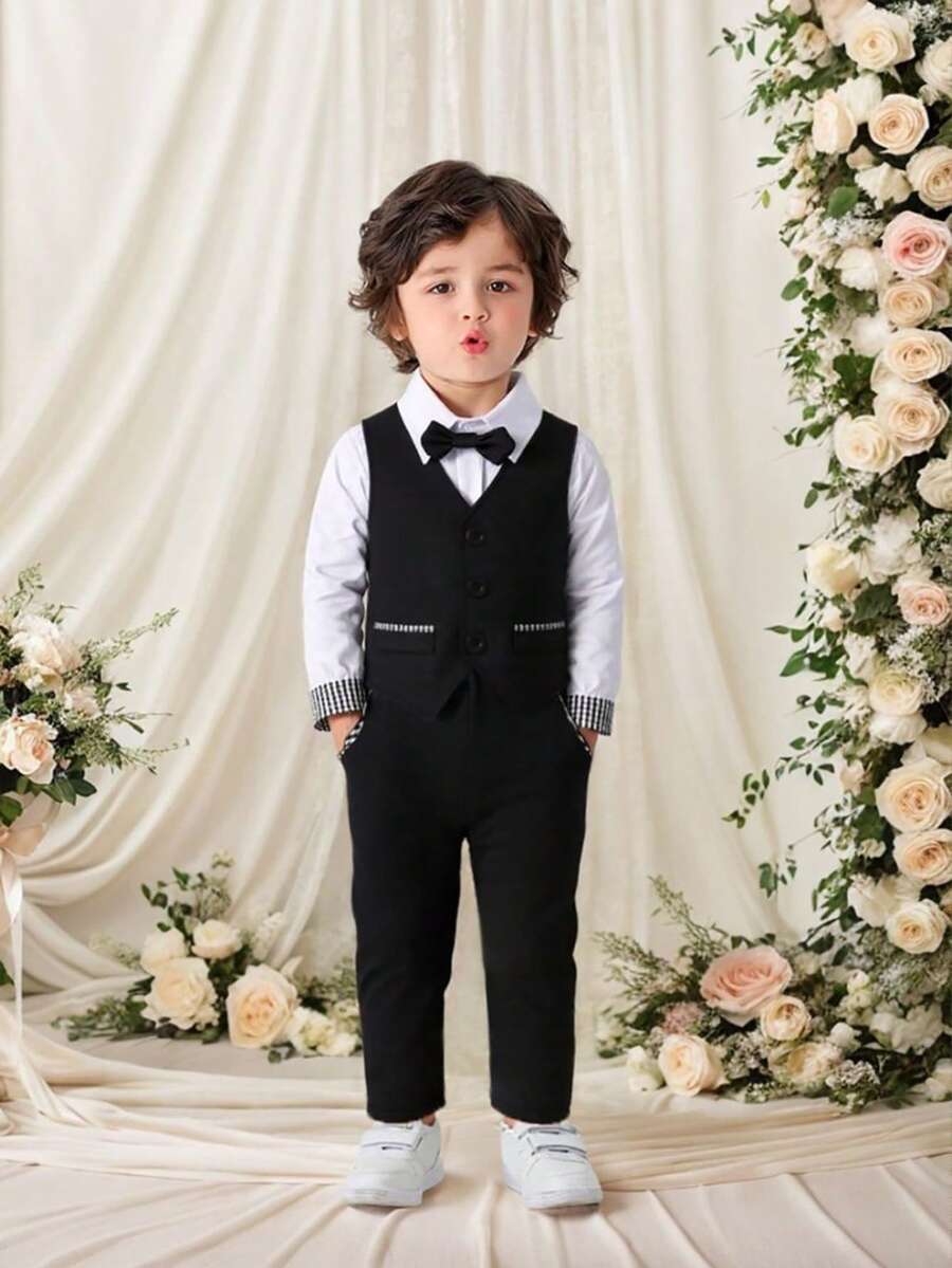 BOARNSEORL 3 Stücke Jungs Gentleman Outfit Set - Weißes Hemd mit Fliege, Weste und Hose, modisch & für Aufführungen, Partys, Hochzeiten, Outdoor-Aktivitäten