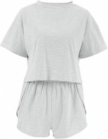 Split Short Pajama Set, Womens Striped Pajamas Set,Two Piece Set Striped Print Drop Shoulder Tee Wrap Split Shortshalloween - 灰色的 - 查看 10