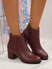 新款秋冬时尚女式高跟靴，粗跟，圆头，侧拉链，纯色搭扣，百搭舒适 - 酒紅色 - 查看 6