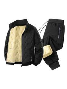 2 件男士冬季立领长袖超声波时尚运动棉服外套和超声波卷边裤套装