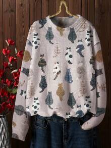 3D印花针织毛衣 - 满满可爱猫咪图案，3D立体印花，轻薄毛衣，四季皆宜，宽松休闲外套，结构化设计，显瘦效果