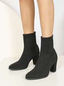 Women's Chunky Block High Heel Ankle Boots Pointed Toe Winter Dressy Short Booties - màu đen - Xem 4