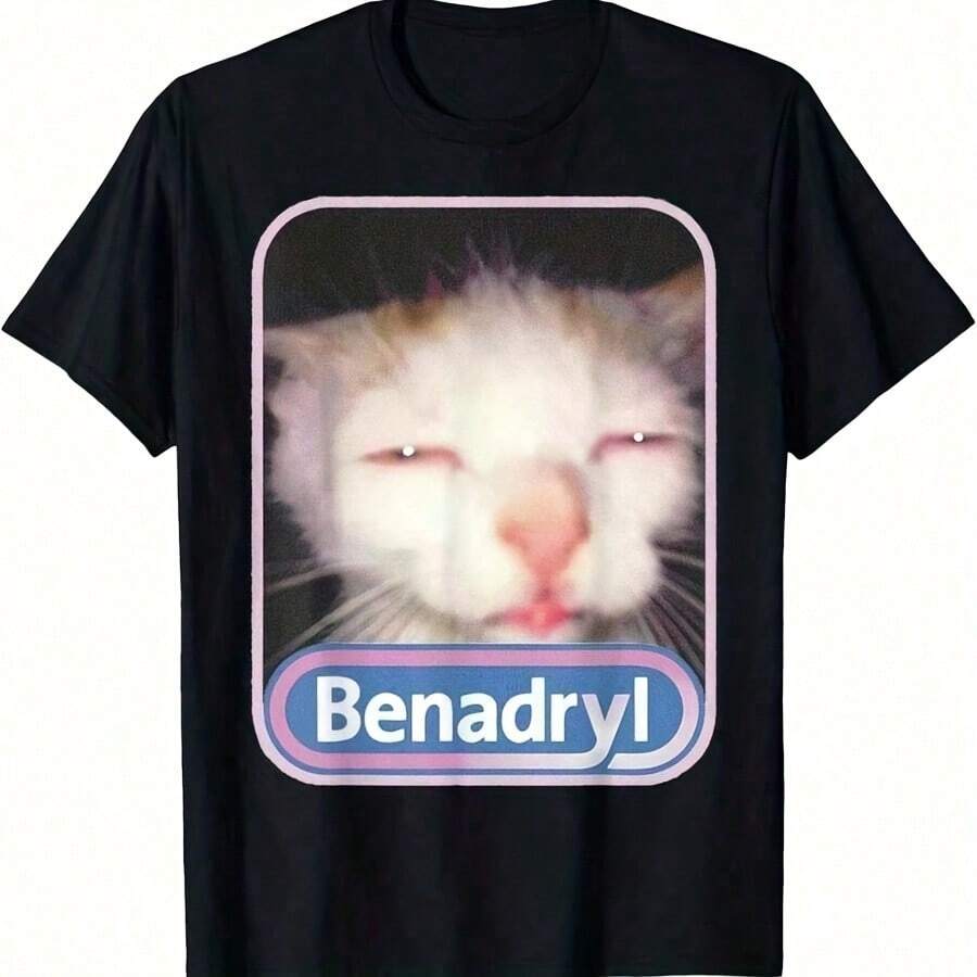 Benadryl Cat Funny T-Shirt Tee Comfortable Comfortable Streetwear100 Percent Cotton Manfinity Men Mens Clothes 220g Heavy-Duty Pure Cotton T-Shirt, Fashionable And Comfortable Wo's Cotton T-Shirt - 黑色10 - 查看 1
