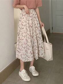 Falda larga de mujer plisada con estampado floral vintage, falda corta coreana, ropa de calle, falda midi, cintura elástica y cordón, falda halter de mujer - Albaricoque - Ver 4