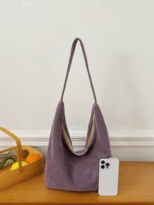 Casual Minimalist Corduroy Shoulder Bag, Contrast Color Fashion Casual Crossbody Bag For Commuting , Purple - Purple - View 6