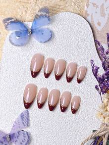 10片手工按压式美甲贴，短指甲，假指甲，杏仁形，法式美甲，粉色、黑色、红色、绿色、棕色、金色、豹纹，可爱简约优雅风格，手工绘制不对称法式金色藤蔓边缘，闪亮猫眼法式尖头，适合女性和女孩的杏仁形美甲贴纸，美甲用品，手工按压式美甲贴 - 紅色 - 查看 3