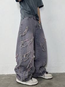 1件男士街头休闲宽松牛仔裤，拼接刺绣做旧水洗阔腿裤（不含腰带和配饰） - 紫色 - 查看 4