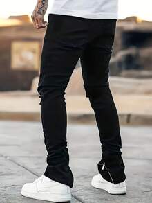 Men's Ripped Skinny Jeans With Zipper Cuffs - Black Distressed Denim Pants - màu đen - Xem 5
