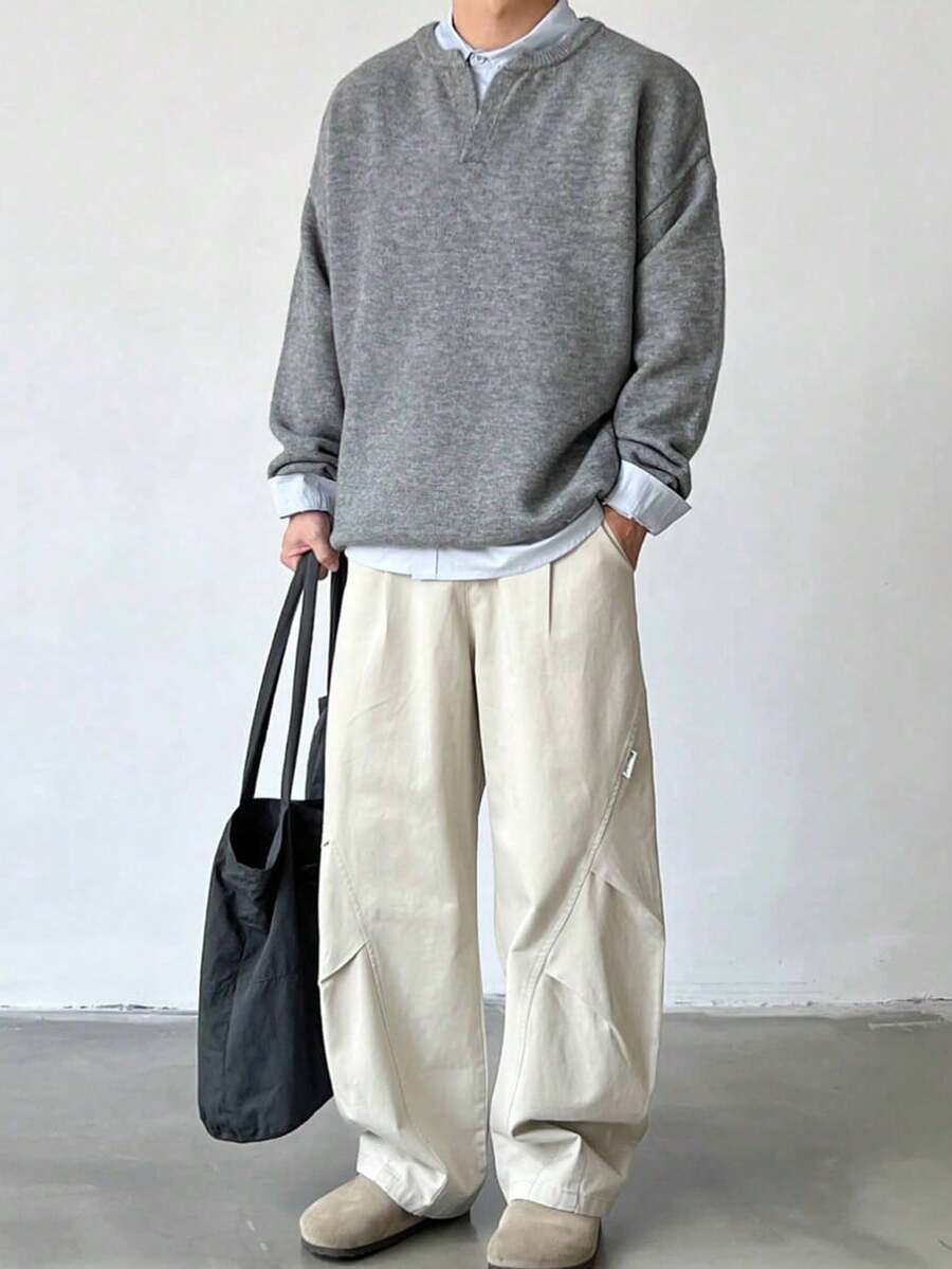 【ゆったりVネック】ニットセーター メンズ レディース 無地 モヘア素材 ルーズフィット 部屋着 おしゃれ 秋冬 春 ユニセックス - グレー - チェックする 1