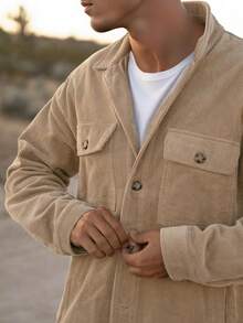 Men's Corduroy Shacket With 4 Pockets (Chest & Side Slant) Button Down Work Jackets Casual Long Sleeve Shirt Jackethalloween - 咖啡-1 - 查看 9