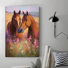 1PC Oil Painting Of Two Brown Horses In A Meadow With Wildflowers12X16inch And 16x24inch Framed , Classic Wooden Frame, Suitable For Living Room, Bedroom, Bathroom And Other Decorations, Perfect Gifts For Christmas, Halloween And Thanksgiving