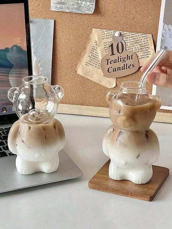 Taza de café de restaurante de celebridades de osito, taza de vidrio de dibujos animados linda, taza de agua creativa, taza de jugo, taza de leche con té, regalo de cumpleaños diseñado para niñas, creativo y atractivo, taza de vidrio borosilicato de 11.33 onzas para beber frío con diseño lindo de oso y pajita