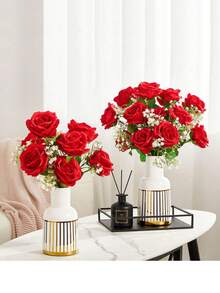 Buchet de mireasă artificial cu trandafir roșu, aranjament de flori artificiale, trandafir fals potrivit pentru cadou de Ziua Îndrăgostiților, petrecere de nuntă, decor pentru casă, cadou de ziua de naștere, decorare interioară/exterioară, vază decor floral DIY
