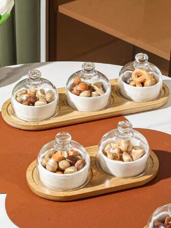 1 Set Ceramic Cake/Fruit Bowl, Pudding/Soup Bowl With Glass Lid, Jam/Ice Cream Preserving Dessert Plate, Suitable For Outdoor, Party, Gifts