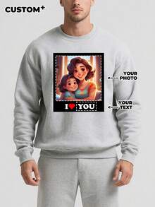 Customized "Most Beautiful Photo" Personalized Print Men's Crew Neck Sweatshirt, Family Theme, Warm Christmas Gift From Wife And Kids To Husband And Father, Also Perfect Anniversary And Valentine's Day Gift, Long Sleeve Top - Grey - View 1