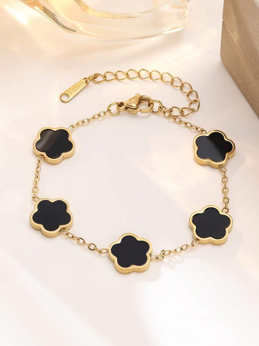 1pc Classic Clover Fashionable  Design Bracelet Set-18k Gold Stainless Steel Penta Flower Design Bracelet For Women, Plated Valentine - 黑色 - 查看 1