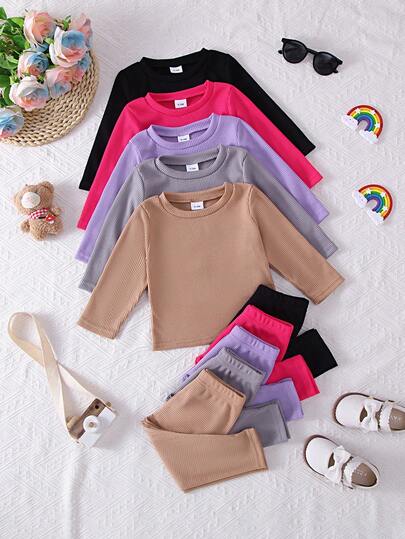 10pcs Baby Casual Solid Color Knit Fabric Long Sleeve Top And Matching Solid Color Pants Outdoor Set, Autumn/Winter