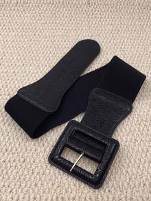 Women's Square Buckle Belted Dress, Fashionable PU Waistband, Suitable For Daily Wear - Embossed Black - View 27