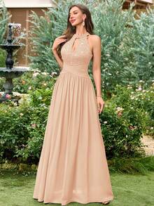 MIUSOL Đầm dạ hội hở lưng, chất liệu chiffon phối ren hoa đính sequin, màu tương phản, xếp ly, thích hợp cho khách dự đám cưới, lễ tốt nghiệp, tiệc chiêu đãi và các dịp khác trong mùa hè. - Rượu sâm banh - Xem 7