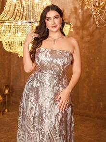 SUPGIR Plus 女士优雅抹胸无袖性感露背亮片修身舞会礼服超长晚礼服 - 香檳色 - 查看 5