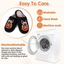 Cozy Plush Halloween Pumpkin Slippers, Non-Slip Fluffy Design - Black Pug - View 8