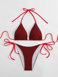 Bộ bikini hai mảnh màu đỏ kẻ caro gợi cảm dành cho nữ, quần bơi buộc dây bên hông, chất liệu hơi co giãn, thích hợp cho kỳ nghỉ. - Đỏ - Xem 5