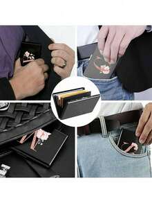 Estuche de tarjetas delgado con 6 ranuras para tarjetas, con patrón de iniciales de la A a la Z en color oro rosa, billetera portadora de identificación y tarjetas de crédito, minimalista y delgado de metal de aluminio, cartera RFID para mujeres y organizador de tarjetas de metal para hombres