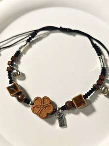 1pc Black New Chinese Style Peach Blossom Elegant Oriental Handmade Adjustable Woven Bracelet, Suitable For Women's Daily Wear