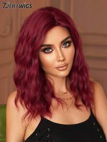 7JHH WIGS 18 Inch Medium Length Rose Red Curly Wig For Women Shoulder Length Wavy Wigs With Side-Swept Bangs, Natural Synthetic Heat Resistant Fiber Hair Wig For Girls Daily Party Use - Rose Red - View 5