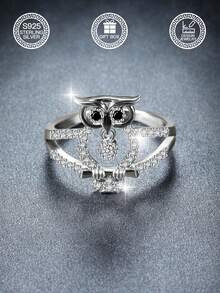 1pc S925 Sterling Silver Owl Shaped Ring, Black Synthetic Cubic Zirconia Eyes, Mysterious & Sparkling Synthetic Cubic Zirconia, Suitable For Daily Wear, Dates, Weddings, Celebrations, Easter, Halloween, Valentine's Day, Mother's Day, Birthday Gift, Comes With Gift Box