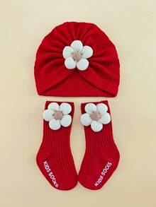0-6个月婴儿四季花朵弹性头带帽子和袜子套装，新生儿无檐便帽礼盒，婴幼儿头饰配饰套装