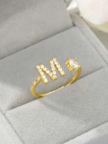 锆石首字母 A-Z 戒指，女士可调节开口戒指，姓名字母表，女性结婚珠宝礼物 - 金黃色 - 查看 1