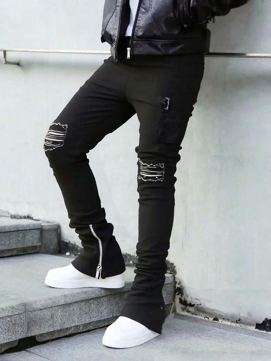 Men's Ripped Skinny Jeans With Zipper Cuffs - Black Distressed Denim Pants - màu đen - Xem 1