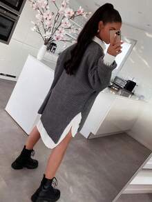 女士纯色针织套头毛衣，侧开衩设计，宽松版型，时尚优雅，居家度假皆宜，简约时尚。 - 深灰色 - 查看 4