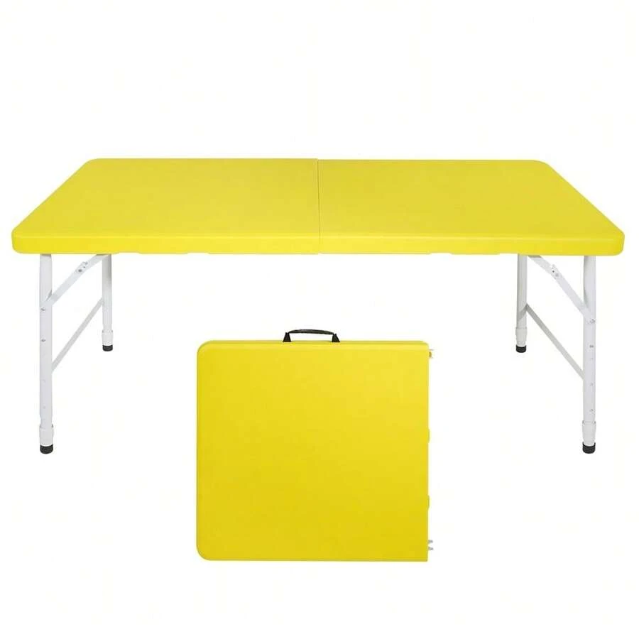 Portable Plastic Folding Table 4ft/6ft Heavy Duty White Black Picnic Dining Table Fold-In-Half For Camp Party Kitchen Indoor Outdoor Yellow - Yellow - View 1