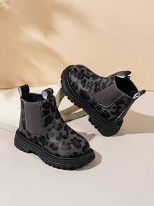 2024新款时尚豹纹女童踝靴，平底套穿侧拉链踝靴，软底百搭公主靴 - 深灰色 - 查看 2