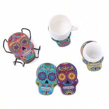 Set de 10 suporturi pentru pahare cu diamant DIY, cu suporturi, kituri de artă cu diamant rotund pentru începători, covorașe pentru băuturi cu design de craniu