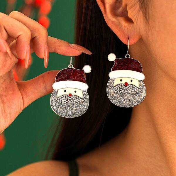 Christmas Themed Cartoon Earrings From Europe And America, Fashionable And Versatile, With Diamond Studded Santa Claus And Snowman Earrings And Earrings