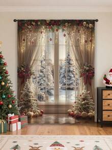 1pc Christmas New Christmas Ball Christmas Element Pattern Advanced Decorative Pole Curtains, Four Seasons Universal, Used For Outdoor, Pavilions, Bedroom, Kitchen, Office, Study, Living Room - Semi Blackout Window Screens And Curtains