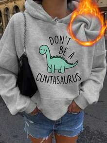 Cartoon Dinosaur Pattern Print Sweet And Gentle Temperament Fall Clothes Plus Size, Autumn And Winter Women's Plus Size Casual Dinosaur Pocket Drawstring Hoodie Fall Tops Women, Women's Fall Plus Size Clothes