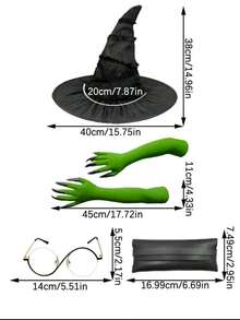 1 pieza/4 piezas Accesorios de disfraz de bruja de Halloween, que incluyen sombrero de bruja, mangas con uñas largas, gafas sin receta, bolsa para los ojos, adecuado para fiestas festivas, cosplay, desfiles