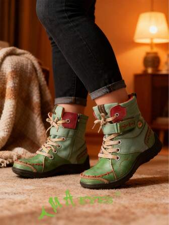  1 par TMA EYES Vintage Style Handgjorda Kontrastsömmar & PU Patchwork Fuzzy Foder Varm Casual Outdoor Plus Size Wide Fit Dam Ankelboots