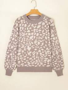 Acelitt 冬季女式灰色豹纹斑点图案罗纹边露肩毛衣，适合日常休闲宽松穿着