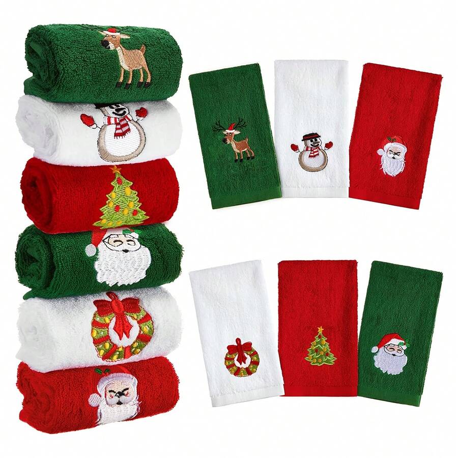 1/3/4 Christmas Decorative Handkerchiefs With Embroidered Santa Claus, Reindeer And Snowman - Kitchen And Bathroom Towels, Household Cleaning Supplies, Holiday Decorations, Seasonal Designs, Durable Fabrics, Popular With Gift Buyers - Multicolor - View 1