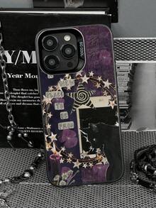 1pc Gothic Style Pattern Large Hole Design IMD Colorblock Black Cat & Slogan Star Floral Print Shock-Resistant Phone Case, Compatible With Apple IPhone7/X/11/12/13/14/15/16/16PRO/16PROMAX Series Waterproof Anti-Fall Scratch Resistant - 透黑 - 查看 4