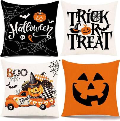 Juego de 4 Fundas de Almohada para Halloween, 45 x 45 cm funda de cojín de lino para sofá, diseño de Calabaza decoración de Halloween, Adecuado para sofá,hogar, automóvil, interior (Estilo 1)