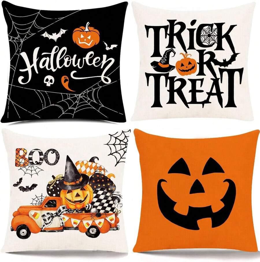 Juego de 4 Fundas de Almohada para Halloween, 45 x 45 cm funda de cojín de lino para sofá, diseño de Calabaza decoración de Halloween, Adecuado para sofá,hogar, automóvil, interior (Estilo 1) - Estilo 5 - Ver 1